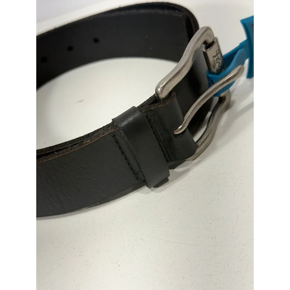 Original Penguin Mens Black Leather Belt Size 36 Brushed Silver Buckle NWT